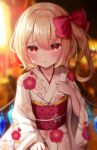  1girl absurdres alternate_costume blonde_hair cowboy_shot crystal_wings flandre_scarlet floral_print hair_ribbon highres japanese_clothes kimono looking_at_viewer naarsann obi open_mouth red_eyes red_ribbon ribbon sash side_ponytail solo touhou yukata 