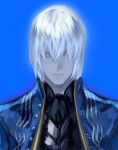  1boy blue_coat blue_eyes closed_mouth coat devil_may_cry_(series) devil_may_cry_3 hair_between_eyes hair_down higan1113557 highres male_focus pale_skin solo vergil_(devil_may_cry) white_hair 