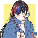  1girl atenaba black_hair blue_hair blue_hoodie blue_nails braid commentary harusaruhi hashtag_only_commentary highres hood hoodie kamitsubaki_studio long_hair looking_at_viewer multicolored_hair parted_lips redhead single_braid solo streaked_hair translation_request two-tone_background upper_body v white_background yellow_background yellow_eyes 