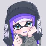  1girl artist_name black_headwear blue_eyes commentary_request grey_background hat highres inkling inkling_girl inkling_player_character long_hair looking_at_viewer open_mouth purple_hair simple_background solo splatoon_(series) tears tentacle_hair tonbofree twitter_username upper_body 