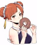  1girl blue_dress brown_eyes brown_hair double_bun doughnut dress food hair_bun jewelry laufen_(sousou_no_frieren) looking_at_viewer relaxjon sousou_no_frieren white_background 