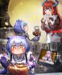  2girls apron bag blue_eyes blue_hair blush_stickers chocolate closed_eyes cooking dragon_girl dragon_horns duel_monster gift hatano_kiyoshi highres horns imagining indoors kitchen_dragonmaid laundry_dragonmaid long_hair maid multiple_girls patissciel_couverture purple_hair red_eyes redhead smile tablet_pc yellow_eyes yu-gi-oh! yuri 