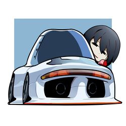  1girl absurdres black_eyes black_hair blue_background border car chibi duz english_commentary from_behind highres looking_back mitsubishi_hsr-i mitsubishi_motors monogatari_(series) motor_vehicle oshino_ougi outside_border solo sports_car stance_(vehicle) vehicle_focus white_border 