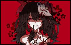  1girl :d bare_shoulders bell black_border black_choker black_gloves border bow brown_hair choker collarbone criss-cross_halter fingers_to_mouth fox_mask gloves hair_bow hair_ornament halterneck hands_up highres honkai:_star_rail honkai_(series) long_hair looking_at_viewer mask mask_on_head neck_bell o-ring one_eye_closed open_mouth outside_border pink_eyes red_background red_bow sidelocks simple_background single_glove smile solo sparkle_(honkai:_star_rail) straight-on teeth twintails weilin_(liarliarliarin) 