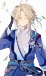  1boy ahoge blonde_hair blue_jacket blue_pants blue_ribbon closed_mouth collared_shirt cowboy_shot falling_leaves forehead hair_ribbon hand_on_own_head highres honkai:_star_rail honkai_(series) jacket leaf long_sleeves looking_at_viewer male_focus one_eye_closed open_clothes open_jacket orange_eyes pants parted_bangs ribbon ruchi_(r_up24) shirt short_hair_with_long_locks sidelocks simple_background solo white_background white_shirt yanqing_(honkai:_star_rail) 