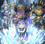  1boy 2girls apron blue_hair cat dragon_girl dragon_tail duel_monster furry_other golem griffin hat hatano_kiyoshi highres laundry_dragonmaid long_hair magic_circle magicore_warrior_of_the_relics maid_apron multiple_girls open_mouth rite_of_aramesir scepter summoning tail wandering_gryphon_rider water_enchantress_of_the_temple wizard_hat yellow_eyes yu-gi-oh! 