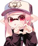  1girl :p bandaid_on_ear baseball_cap black_sweater dot_nose earrings hat heart heart_hands highres inkling inkling_girl inkling_player_character jewelry long_hair looking_at_viewer pink_hair pointy_ears print_headwear red_eyes sahata_saba simple_background sleeves_past_wrists solo splatoon_(series) sweater tentacle_hair tongue tongue_out upper_body white_background white_headwear 