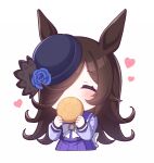  animal_ears asymmetrical_bangs back_bow blue_flower blue_headwear blue_rose bow bowtie bread brown_hair chewing chibi chibi_only closed_eyes commentary_request eating flower food hair_over_one_eye hat hat_flower heart horse_ears horseshoe_ornament long_bangs long_hair long_sleeves melon_bread pleated_skirt purple_shirt purple_skirt rice_shower_(umamusume) rose sanotsuki school_uniform shirt skirt tilted_headwear tracen_school_uniform umamusume white_bow white_bowtie winter_uniform 