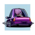  1girl absurdres blue_background border cadillac cadillac_cts car driving duz english_commentary fate_(series) from_behind glasses highres looking_at_viewer looking_back lowrider mash_kyrielight motor_vehicle one_eye_covered outside_border purple_hair smile solo vehicle_focus violet_eyes white_border 