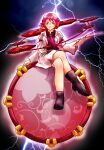  1girl drum drumsticks highres horikawa_raiko instrument necktie purple_necktie red_eyes redhead shee_take sitting_on_drum solo taiko_drum thunder touhou 