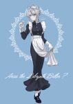  1girl alternate_costume apron arias_the_labrynth_butler blue_background blue_eyes character_name demon_horns duel_monster full_body gloves grey_hair horns long_hair maid monocle pointy_ears quo_(haizaraq) shoes simple_background solo yu-gi-oh! 