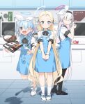  3girls angel&#039;s_24_uniform_(blue_archive) apron arona_(blue_archive) bento black_bow black_bowtie black_footwear black_pantyhose blonde_hair blue_apron blue_archive blue_eyes blue_hair blue_halo bow bowtie braid collared_shirt colored_inner_hair convenience_store curry food fruit grey_eyes grey_hair hair_over_one_eye halo highres ice_cream indoors long_hair looking_at_viewer multicolored_hair multiple_girls name_tag pantyhose pink_hair plana_(blue_archive) polo_shirt red_halo rice shirt shoes shop short_hair short_sleeves single_braid socks sora_(blue_archive) spilling striped_bow striped_bowtie striped_clothes tile_floor tiles umeboshi white_footwear white_shirt white_socks yukie_(kusaka_shi) 