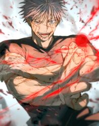  1boy absurdres black_shirt blue_eyes energy gojou_satoru highres jujutsu_kaisen light male_focus open_mouth scar scar_on_arm scar_on_face shirt short_sleeves smile solo teeth upper_body v-shaped_eyebrows white_background white_hair yoon_(dmsco1803) 