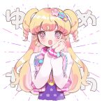  1girl :d blonde_hair blush cropped_torso hair_ornament hands_up heart heart_in_eye highres hoshikuzu_(pinkholic) idol_time_pripara jacket long_hair long_sleeves looking_at_viewer open_mouth own_hands_together pink_jacket pretty_series pripara ringlets smile solo star_(symbol) star_hair_ornament symbol_in_eye two_side_up upper_body violet_eyes white_background yumekawa_yui 