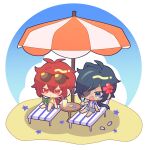  2boys :&lt; :d antenna_hair beach_chair beach_umbrella black_shorts blue_eyes blue_hair blue_shirt blue_sky blush blush_stickers book chair chibi closed_mouth clouds collared_shirt commentary_request crossed_bangs cup dark-skinned_male dark_skin day diluc_(genshin_impact) drinking_glass drinking_straw eyepatch eyewear_on_head flip-flops floral_print flower frown genshin_impact grey_shorts hair_between_eyes hair_flower hair_intakes hair_ornament hawaiian_shirt hibiscus holding holding_book holding_cup kaeya_(genshin_impact) koma_(km_mmmk) long_hair low_ponytail male_focus multicolored_hair multiple_boys navel on_chair one_eye_covered open_book open_clothes open_mouth open_shirt orange_shirt outdoors palm_tree_print parted_bangs ponytail print_shirt red_eyes red_flower redhead sand sandals seashell shade shell shirt short_sleeves shorts sidelocks simple_background sitting sky smile star_(symbol) starfish streaked_hair sunglasses swept_bangs table tropical_drink umbrella unworn_sandals white_background white_footwear 