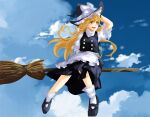  above_clouds apron blonde_hair blue_sky braid broom broom_riding clouds cloudy_sky flying hat hat_ribbon kirisame_marisa long_hair ribbon shee_take short_sleeves sky touhou waist_apron white_apron witch_hat yellow_eyes 