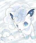  alolan_vulpix blue_eyes highres looking_at_another no_humans pokemon pokemon_(creature) rumine_(yoshi1234567) snom snow snowing 