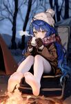  1girl amamiya_kokoro beanie blue_hair breathing campfire cup feet hair_ornament hat highres holding holding_cup long_hair nijisanji outdoors peeporose scarf snow tent thigh-highs tree twintails virtual_youtuber white_thighhighs yellow_eyes 