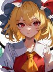  1girl ascot blonde_hair crystal_wings dress flandre_scarlet hat hat_ribbon highres mob_cap red_dress red_ribbon ribbon side_ponytail simple_background smile solo touhou upper_body user_sjxt3358 white_background yellow_ascot 