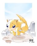  absurdres artist_name blue_sky border dated highres looking_at_viewer no_humans orlek pokemon pokemon_(creature) rock sandshrew sky solo white_border 