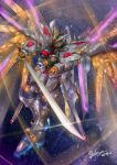  denjyou23 glowing glowing_eyes gundam gundam_seed gundam_seed_freedom highres holding holding_sword holding_weapon katana light_particles mecha mighty_strike_freedom_gundam mobile_suit no_humans robot science_fiction solo sword v-fin weapon yellow_eyes 