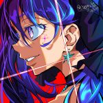 1girl black_choker blue_hair character_request choker close-up copyright_request dark_blue_hair dated earrings facial_mark grin highres jewelry kaoryu-kun original portrait profile smile solo star_(symbol) star_earrings star_facial_mark twitter_username violet_eyes