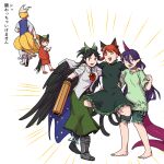  5girls animal_ears atom barefoot bird_wings black_bow black_hair black_wings bow braid brown_eyes brown_hair cape cat_ears cat_girl cat_tail chen closed_eyes collared_shirt commentary_request control_rod dress extra_ears fox_tail frilled_dress frilled_skirt frills full_body green_bow green_dress green_headwear green_shirt green_shorts green_skirt hair_between_eyes hair_bow hand_on_another&#039;s_shoulder hat horns kaenbyou_rin kitsune kyuubi lizard_tail long_bangs long_hair long_sleeves looking_at_another looking_at_viewer medium_bangs mob_cap mochi10bi multiple_girls multiple_tails open_mouth pointing purple_hair red_eyes red_footwear red_skirt red_vest redhead reiuji_utsuho shirt shoes short_hair shorts simple_background single_horn single_shoe skirt skirt_set smile starry_sky_print syringe t-shirt tail tenkajin_chiyari third_eye touhou translation_request twin_braids two_tails vest walking white_background white_cape white_headwear white_shirt wings yakumo_ran 
