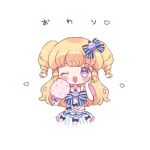  1girl ;d blonde_hair blue_bow blue_dress blush bow chibi cotton_candy cropped_legs dress food hair_bow hand_on_own_cheek hand_on_own_face holding holding_food hoshikuzu_(pinkholic) idol_clothes idol_time_pripara long_hair looking_at_viewer one_eye_closed open_mouth pretty_series pripara ringlets simple_background smile solo star_(symbol) two_side_up violet_eyes white_background yumekawa_yui 