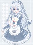  1girl :o animal animal_ear_hairband animal_ears animal_hands apron argyle_background back_bow bad_bcy_id bad_id bear bear_ears blue_background blue_bow blue_bowtie blue_eyes blue_hairband blue_ribbon blue_sleeves blunt_bangs bow bowtie claws collar collared_dress colored_eyelashes cropped_legs dress dress_bow eyes_visible_through_hair fake_animal_ears fake_tail frilled_apron frilled_bow frilled_collar frilled_dress frills fringe_trim gloves hairband hei_sheng_yeyan highres holding holding_animal juliet_sleeves lace-trimmed_bowtie light_blush long_hair long_sleeves looking_at_viewer maid maid_headdress neck_ribbon open_mouth original paw_gloves paw_print paw_print_background pocket pom_pom_(clothes) puffy_sleeves rabbit_brooch red_ribbon ribbon sample_watermark shadow solo striped_bow tail tail_ornament tail_ribbon very_long_hair watermark white_apron white_bow white_collar white_gloves white_hair 