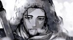  1boy blush facial_hair fur-trimmed_jacket fur_trim goatee golden_kamuy greyscale grmms_otk gun hair_slicked_back holding holding_gun holding_weapon hood hood_up hooded_jacket jacket looking_at_viewer male_focus monochrome ogata_hyakunosuke parted_lips portrait rifle short_hair solo teeth undercut weapon 