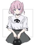  1girl atenaba bag black_choker black_ribbon blue_eyes choker closed_mouth commentary_request cross cross_choker grey_skirt handbag highres holding holding_bag kaf_(kamitsubaki_studio) kamitsubaki_studio looking_at_viewer neck_ribbon pink_hair rectangle ribbon shirt shirt_tucked_in short_sleeves skirt solo twintails upper_body white_background white_shirt wings yellow_pupils 