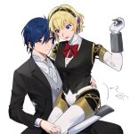  1boy 1girl ? aegis_(persona) alternate_costume android black_hairband black_pants black_suit black_vest blonde_hair blue_eyes blue_hair bow bowtie closed_mouth collared_shirt commentary_request elulit2 gold_trim hairband hand_on_another&#039;s_hip korean_commentary long_sleeves looking_at_another necktie pants persona persona_3 red_bow red_bowtie robot_ears shirt simple_background sitting sitting_on_lap sitting_on_person sleeveless smile suit vest white_background white_necktie white_shirt yuuki_makoto_(persona_3) 