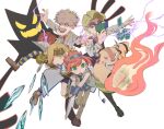  1girl 4boys amayadori-tei belt big_bull bike_shorts boku_to_maou epros facial_hair full_body gutten_kisling highres looking_at_viewer lord_stanley_hihat_trinidad_xiv mask multiple_boys mustache open_mouth pants rapier rosalyn_(boku_to_maou) ruka_(boku_to_maou) short_hair simple_background smile striped_clothes striped_pants sword weapon white_background 