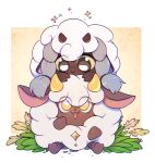  animal_ears artist_name bloominglynx border brown_horns colored_sclera crossover floral_print fluffy grass highres horns lamball looking_at_another no_humans open_mouth pal_(creature) palworld pokemon poking print_background sheep sheep_ears white_border wooloo yellow_background yellow_eyes yellow_horns yellow_sclera 
