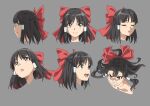  1girl :d :o bare_shoulders black_hair bow brown_eyes closed_mouth collarbone expressions grin gyouza_(mhea5724) hair_bow hair_tubes hakurei_reimu happy highres medium_hair multiple_views open_mouth red_bow reference_sheet serious sidelocks smile teeth touhou upper_body upper_teeth_only v-shaped_eyebrows 