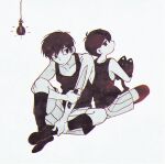  2boys animal antenna_hair arm_between_legs armpit_crease black_cat black_hair black_socks black_tank_top cat closed_mouth collarbone colored_skin dual_persona expressionless film_grain fuji_den_fujiko highres holding holding_animal hunched_over knee_up kneehighs light_bulb looking_at_another looking_back mewo multiple_boys no_pupils no_shoes omori omori_(omori) omoriboy short_hair shorts sitting sleeveless socks striped_clothes striped_shorts tank_top vertical-striped_clothes vertical-striped_shorts white_background white_shorts white_skin 
