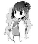  1girl arima_kana breasts center-flap_bangs closed_mouth eyelashes fingernails flower frilled_bikini_top from_side greyscale hair_bobbles hair_ornament hand_up looking_at_viewer looking_to_the_side monochrome official_art one_side_up oshi_no_ko puckered_lips scrunchie short_hair small_breasts solo sunflower third-party_source turning_head upper_body v_over_mouth wrist_scrunchie yokoyari_mengo 