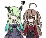  2girls ahoge antler_ribbon antlers belt belt_chain black_belt black_choker black_dress black_hair black_ribbon black_skirt black_sweater bloodymoonia brown_eyes brown_hair ceres_fauna ceres_fauna_(4th_costume) choker closed_mouth crinoline detached_sleeves dress dress_ribbon earrings flower green_hair hair_flower hair_ornament hair_over_one_eye hair_ribbon hairclip heart heart_choker heart_o-ring heart_ring_choker highres holding_hands hololive hololive_english horns huge_ahoge jewelry lace-trimmed_choker lace_sleeves lace_trim long_hair looking_at_viewer mole mole_under_eye multicolored_hair multiple_girls nanashi_mumei nanashi_mumei_(4th_costume) necklace official_alternate_costume official_alternate_hairstyle one_side_up purple_ribbon red_sweater ribbon sidelocks skirt streaked_hair striped_clothes striped_sweater sweater sweater_tucked_in torn_clothes torn_sweater very_long_hair virtual_youtuber white_background white_hair yellow_eyes 