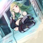  1girl ahoge arknights black_coat breasts coat feather_hair green_hair hellnyaa highres long_hair motor_vehicle poncirus_(arknights) sleeveless van violet_eyes 