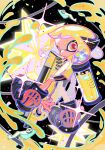  1girl agent_4_(splatoon) bike_shorts black_footwear black_shorts blonde_hair blue_hair dot_mouth gradient_hair headphones hero_shot_(splatoon_2) highres holding holding_weapon ink_tank_(splatoon) inkling inkling_girl inkling_player_character jacket medium_hair multicolored_hair pink_eyes shoes shorts solo splatoon_(series) splatoon_2 tentacle_hair two-tone_hair weapon xiaoyunatie yellow_jacket 