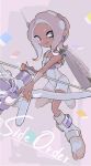  1girl agent_8_(splatoon) bodysuit boots bow_(weapon) closed_mouth commentary copyright_name dark-skinned_female dark_skin full_body grey_background grey_eyes grey_hair holding holding_bow_(weapon) holding_weapon imaikuy0 ink_tank_(splatoon) medium_hair octoling octoling_girl octoling_player_character sleeveless sleeveless_bodysuit smile socks solo splatoon_(series) splatoon_3 splatoon_3:_side_order symbol-only_commentary tentacle_hair thick_eyebrows tri-stringer_(splatoon) weapon white_bodysuit white_footwear white_socks 