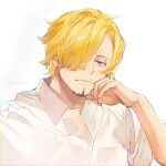  1boy artist_name beard_stubble blonde_hair blue_eyes collared_shirt curly_eyebrows facial_hair hair_over_one_eye hand_on_own_cheek hand_on_own_face highres long_bangs male_focus mustache_stubble one_piece sanji_(one_piece) shirt short_hair simple_background stubble upper_body white_background white_shirt ynnn_m 