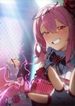  1girl absurdres aiz_illust blurry blurry_background blurry_foreground blush clenched_hand detached_sleeves english_commentary fingerless_gloves flower gloves hair_between_eyes hair_flower hair_ornament hair_vines highres imminent_punch light_rays lightning looking_at_viewer medium_hair nijisanji nijisanji_en pink_hair pink_nails red_eyes red_flower red_rose rose rosemi_lovelock rosemi_lovelock_(1st_costume) smile solo sunbeam sunlight thorns twitter_username 
