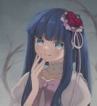  1girl bare_tree blouse blue_eyes blue_hair blunt_bangs bow choker collarbone daamiyan dot_nose flower frills furudo_erika hair_flower hair_ornament hair_over_shoulder hand_on_own_face long_hair long_sleeves looking_at_viewer medium_bangs pink_bow puffy_long_sleeves puffy_sleeves ribbon rose shirt smile solo tree twintails umineko_no_naku_koro_ni 