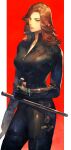  1girl animification avengers_(series) black_bodysuit black_gloves black_widow bodysuit border breasts brown_hair closed_mouth gloves green_eyes gun hand_up handgun highres holding holding_weapon lips looking_to_the_side marvel medium_breasts medium_hair natasha_romanoff outside_border red_background roku0180 simple_background solo standing superhero thigh_strap weapon white_border zipper 