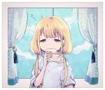  1girl blonde_hair bread bread_slice brown_eyes comeco curtains eating food futaba_anzu half-closed_eyes idolmaster idolmaster_cinderella_girls long_hair looking_at_viewer low_twintails shirt sleepy solo t-shirt twintails upper_body window 