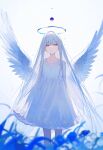  1girl ai-assisted angel angel_wings blue_halo blurry blurry_edges blurry_foreground commentary dress feet_out_of_frame film_grain from_below half-closed_eyes halo highres long_hair looking_at_viewer original parted_lips solo straight_hair very_long_hair violet_eyes white_background white_dress white_hair wings yasua_5 