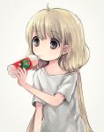  1girl blonde_hair bottle brown_eyes comeco expressionless futaba_anzu holding holding_bottle idolmaster idolmaster_cinderella_girls long_hair low_twintails shirt soda soda_bottle solo t-shirt twintails upper_body 