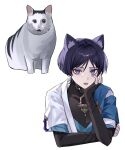  1boy absurdres animal_ear_fluff animal_ears black_shirt blue_cape bridal_gauntlets cape cat cat_ears choppy_bangs commentary_request covered_collarbone eyeshadow fang genshin_impact hair_between_eyes hand_up head_rest highres huh?_cat_(meme) jacket looking_at_viewer makeup male_focus meme open_clothes open_jacket open_mouth parted_bangs purple_hair red_eyeshadow scaramouche_(genshin_impact) shirt short_hair sidelocks simple_background sleeveless sleeveless_shirt solo teeth upper_body violet_eyes wanderer_(genshin_impact) white_background white_jacket woooi 