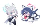  2girls alternate_costume animal_ear_fluff animal_ears apron black_dress black_thighhighs blue_archive blue_eyes blue_hair bright_pupils cat_ears cat_tail chibi crossed_bangs cup dress enmaided frilled_dress frills gloves grey_hair hair_between_eyes hair_ribbon halo highres holding holding_cup long_hair looking_at_viewer maid maid_apron maid_headdress medium_hair meunhongcha mismatched_pupils multiple_girls open_mouth parted_lips red_eyes ribbon serika_(blue_archive) shiroko_(blue_archive) short_sleeves simple_background sweat tail thigh-highs twintails white_apron white_background white_gloves white_pupils white_thighhighs wolf_ears 